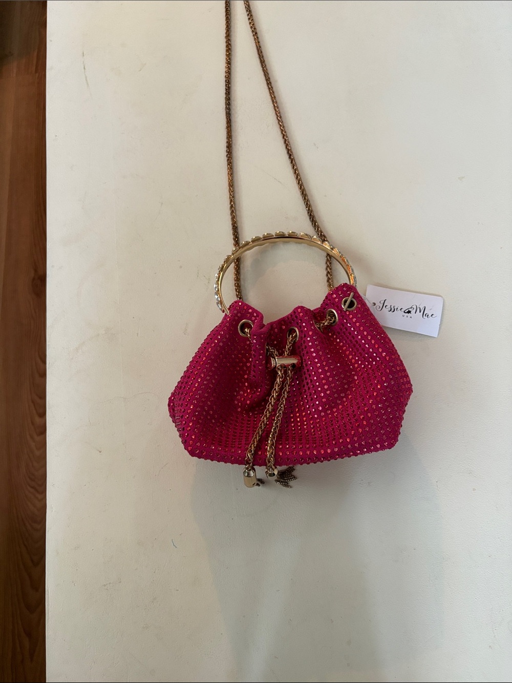 Jessica McClintock Hot Pink Rhinestone Mini Bucket Bag with Gold Chain